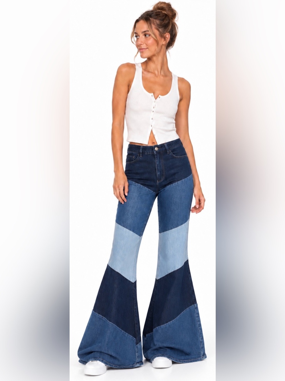 Altar’d State Patchwork Blue Bell Bottom Jeans High Rise Super Flare Bohemian S